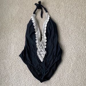 Black halter top one piece with lace